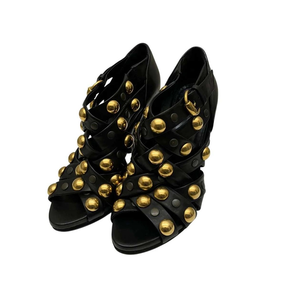 Gucci Black Leather Gold Studded Caged Strappy Stiletto Sandals Heels 37.5